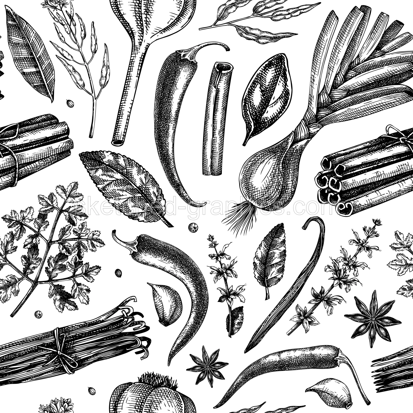 Hand-drawn herbs and spices sketches background. Hand-sketched food backdrop in color. Vintage aromatic plants seamless pattern in sketched style. Kitchen spice and herbs  fabric design Illustration